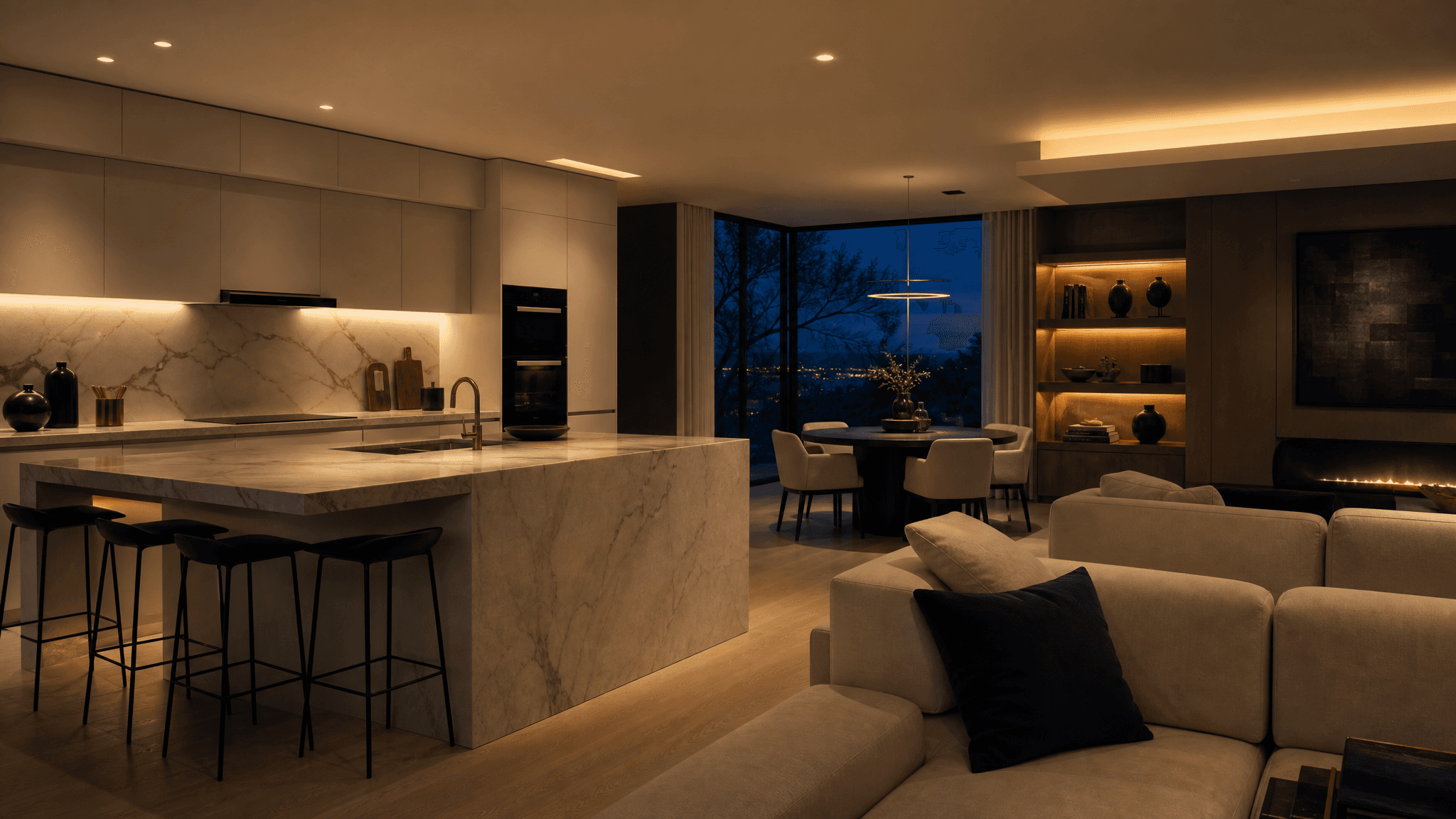 Layered evening lighting in a modern open-plan living space